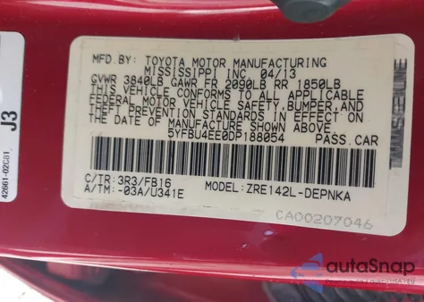 2013 Toyota Corolla Le z USA, uszkodzony, nr VIN 5YFBU4EE0DP188054